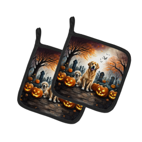 Spooky Halloween Pair of Pot Holders (Design: Golden Retriever  2043, size: 7.5HX7.5W)