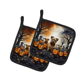 Spooky Halloween Pair of Pot Holders (Design: Norfolk Terrier  2048, size: 7.5HX7.5W)
