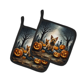 Spooky Halloween Pair of Pot Holders (Design: Norwich Terrier  2049, size: 7.5HX7.5W)