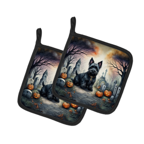 Spooky Halloween Pair of Pot Holders (Design: Scottish Terrier  2051, size: 7.5HX7.5W)