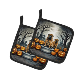 Spooky Halloween Pair of Pot Holders (Design: Shar Pei  2052, size: 7.5HX7.5W)