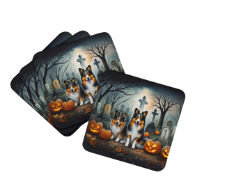 Spooky Halloween Foam Coasters (Dog Breed: Sheltie  2053, size: 3.5)