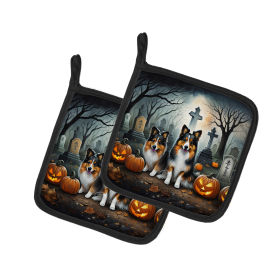 Spooky Halloween Pair of Pot Holders (Design: Sheltie  2053, size: 7.5HX7.5W)