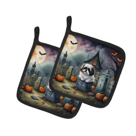 Spooky Halloween Pair of Pot Holders (Design: Shih Tzu  2054, size: 7.5HX7.5W)