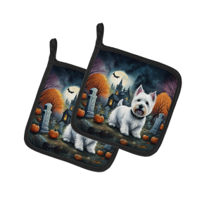 Spooky Halloween Pair of Pot Holders (Design: West Highland White Terrier  2058, size: 7.5HX7.5W)