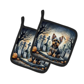 Spooky Halloween Pair of Pot Holders (Design: Yorkshire Terrier  2061, size: 7.5HX7.5W)