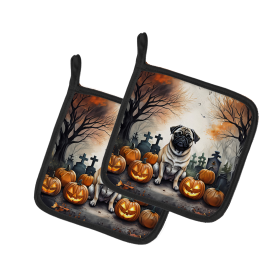 Spooky Halloween Pair of Pot Holders (Design: Pug  2064, size: 7.5HX7.5W)