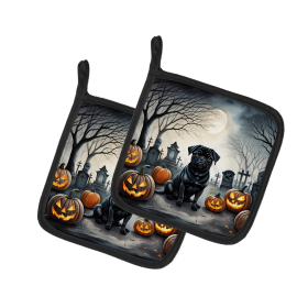 Spooky Halloween Pair of Pot Holders (Design: Pug  2065, size: 7.5HX7.5W)