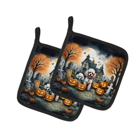 Spooky Halloween Pair of Pot Holders (Design: Poodle  2067, size: 7.5HX7.5W)