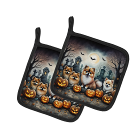 Spooky Halloween Pair of Pot Holders (Design: Pomeranian  2068, size: 7.5HX7.5W)
