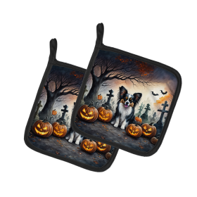 Spooky Halloween Pair of Pot Holders (Design: Papillon  2069, size: 7.5HX7.5W)