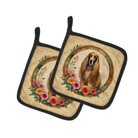 Frame of Flowers Pair of Pot Holders (Design: Afghan Hound  2073, size: 7.5HX7.5W)