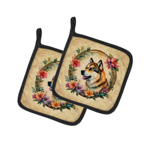 Frame of Flowers Pair of Pot Holders (Design: Akita  2074, size: 7.5HX7.5W)