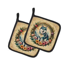 Frame of Flowers Pair of Pot Holders (Design: Alaskan Klee Kai  2075, size: 7.5HX7.5W)