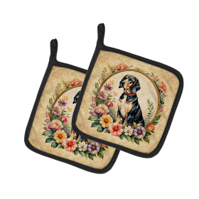 Frame of Flowers Pair of Pot Holders (Design: American English Coonhound  2077, size: 7.5HX7.5W)