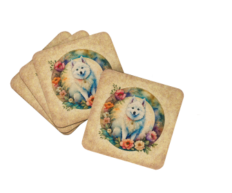 Frame of Flowers Foam Coasters (Dog Breed: American Eskimo  2078, size: 3.5)