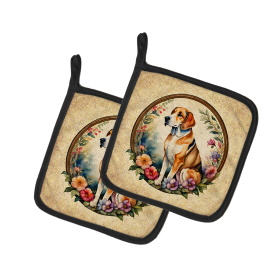 Frame of Flowers Pair of Pot Holders (Design: American Foxhound  2079, size: 7.5HX7.5W)