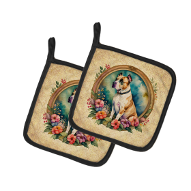 Frame of Flowers Pair of Pot Holders (Design: American Staffordshire Terrier  2080, size: 7.5HX7.5W)