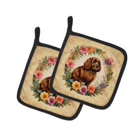 Frame of Flowers Pair of Pot Holders (Design: American Water Spaniel  2081, size: 7.5HX7.5W)