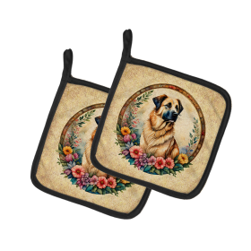 Frame of Flowers Pair of Pot Holders (Design: Anatolian Shepherd Dog  2082, size: 7.5HX7.5W)