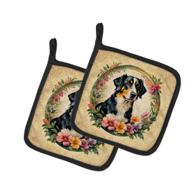 Frame of Flowers Pair of Pot Holders (Design: Appenzeller Sennenhund  2083, size: 7.5HX7.5W)