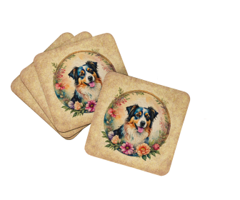 Frame of Flowers Foam Coasters (Dog Breed: Australian Shepherd  2084, size: 3.5)