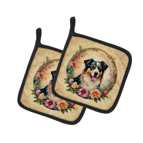 Frame of Flowers Pair of Pot Holders (Design: Australian Shepherd  2084, size: 7.5HX7.5W)