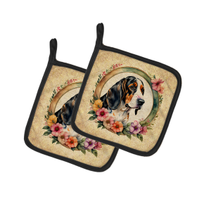 Frame of Flowers Pair of Pot Holders (Design: Basset Hound  2086, size: 7.5HX7.5W)