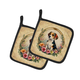 Frame of Flowers Pair of Pot Holders (Design: Beagle  2087, size: 7.5HX7.5W)