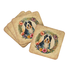 Frame of Flowers Foam Coasters (Dog Breed: Bearded Collie  2088, size: 3.5)