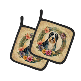 Frame of Flowers Pair of Pot Holders (Design: Bearded Collie  2088, size: 7.5HX7.5W)