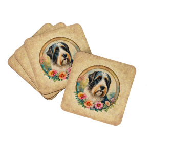 Frame of Flowers Foam Coasters (Dog Breed: Bearded Collie  2089, size: 3.5)
