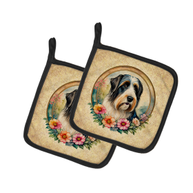 Frame of Flowers Pair of Pot Holders (Design: Bearded Collie  2089, size: 7.5HX7.5W)