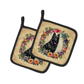 Frame of Flowers Pair of Pot Holders (Design: Belgian Sheepdog  2091, size: 7.5HX7.5W)