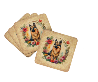 Frame of Flowers Foam Coasters (Dog Breed: Belgian Tervuren  2092, size: 3.5)