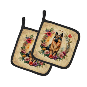 Frame of Flowers Pair of Pot Holders (Design: Belgian Tervuren  2092, size: 7.5HX7.5W)