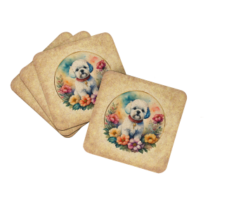 Frame of Flowers Foam Coasters (Dog Breed: Bichon Frise  2094, size: 3.5)