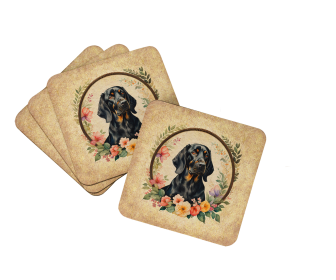 Frame of Flowers Foam Coasters (Dog Breed: Black and Tan Coonhound  2095, size: 3.5)