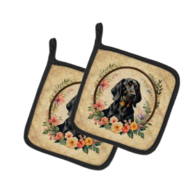 Frame of Flowers Pair of Pot Holders (Design: Black and Tan Coonhound  2095, size: 7.5HX7.5W)