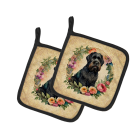 Frame of Flowers Pair of Pot Holders (Design: Black Russian Terrier  2096, size: 7.5HX7.5W)