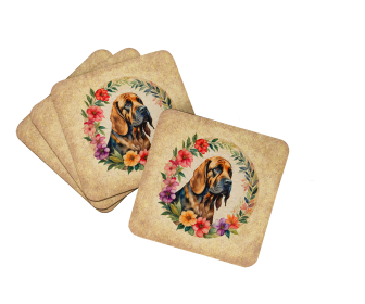 Frame of Flowers Foam Coasters (Dog Breed: Bloodhound  2097, size: 3.5)