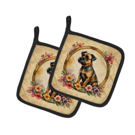 Frame of Flowers Pair of Pot Holders (Design: Border Terrier  2099, size: 7.5HX7.5W)