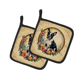 Frame of Flowers Pair of Pot Holders (Design: Boston Terrier  2100, size: 7.5HX7.5W)
