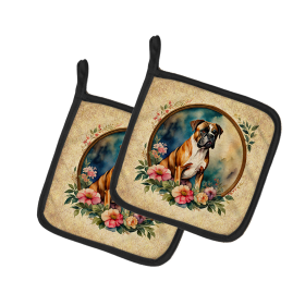 Frame of Flowers Pair of Pot Holders (Design: Boxer  2101, size: 7.5HX7.5W)