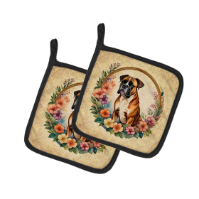 Frame of Flowers Pair of Pot Holders (Design: Boxer  2102, size: 7.5HX7.5W)