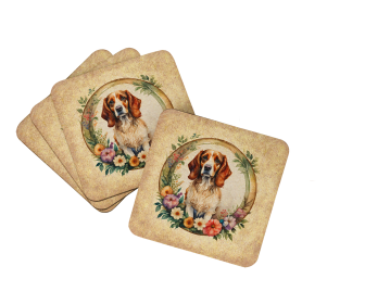 Frame of Flowers Foam Coasters (Dog Breed: Brittany  2105, size: 3.5)