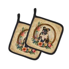 Frame of Flowers Pair of Pot Holders (Design: Bulldog, English 2106, size: 7.5HX7.5W)
