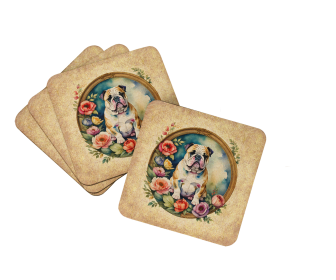 Frame of Flowers Foam Coasters (Dog Breed: Bulldog, English 2108, size: 3.5)