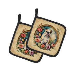 Frame of Flowers Pair of Pot Holders (Design: Bulldog, English 2108, size: 7.5HX7.5W)