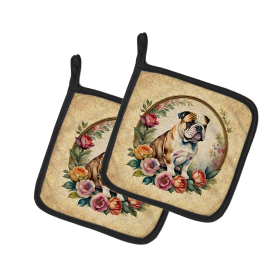 Frame of Flowers Pair of Pot Holders (Design: Bulldog, English 2109, size: 7.5HX7.5W)